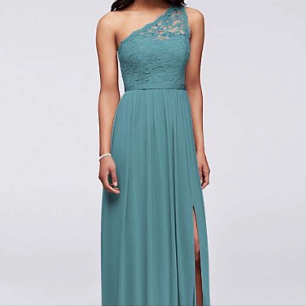 DAVIDS BRIDAL ONE SHOULDER TEAL BLUE DRESS: F17063
